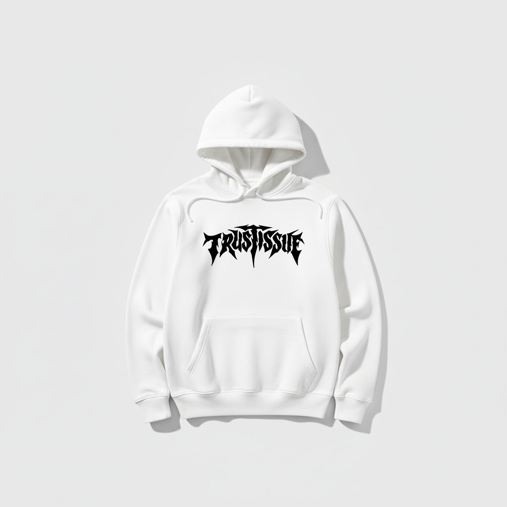White Hoodie – Front “Trust Issue” Printed Design